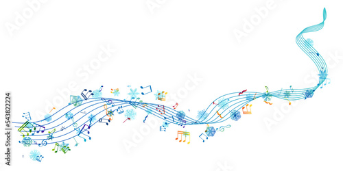 Snow melody. Winter decoration element from flying music notes and ornamental snowflakes. Christmas or new year song concept. Ornamental decor from curve line