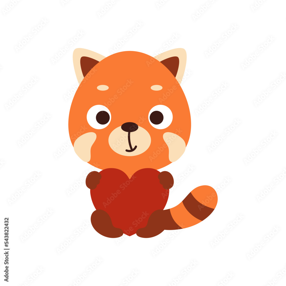 Cute red panda sitting and holding heart on white background. Cartoon animal character for kids t-shirt, nursery decoration, baby shower, greeting card, house interior. Vector stock illustration Cute red panda sitting and holding heart on white background. Cartoon animal character for kids t-shirt, nursery decoration, baby shower, greeting card, house interior. Vector stock illustration