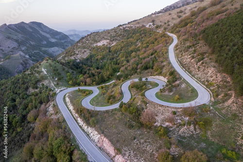 Aerial view of curvy road on monte Nerone slope in Marche region in Italy