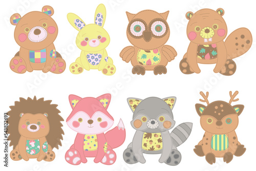  Forest animals. Illustration of forest animals on white patchwork background. Vector. For print, web design.