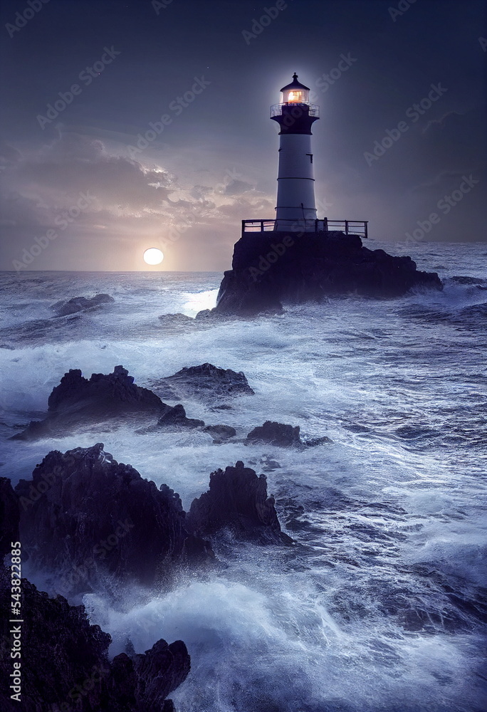Fototapeta premium A lighthouse lashed by waves during a storm