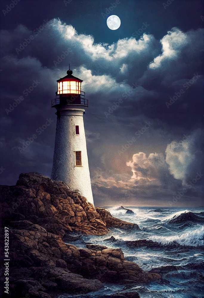 Fantasy concept showing a Lighthouse at sunset. digital art style, illustration painting