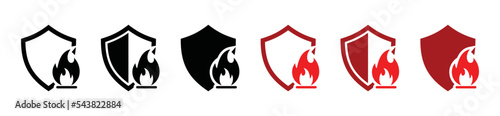 Shield fireproof icon set. Protection from fire or fire protection or protect from heat icon. Shield protector, secure, protect, scutum, safeguard sign, vector illustration