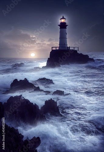 A lighthouse lashed by waves during a storm