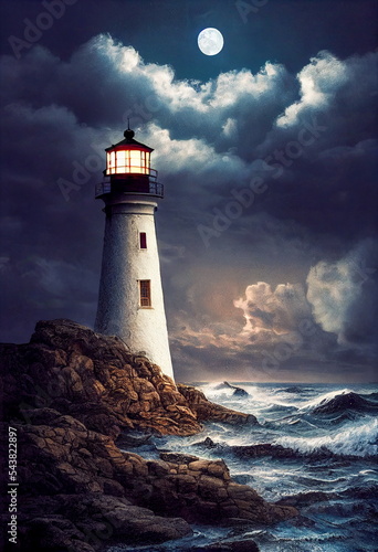 Fantasy concept showing a Lighthouse at sunset. digital art style, illustration painting