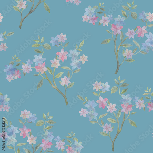 Abstract botanical pattern. Branch with leaves and flowers in a seamless pattern.