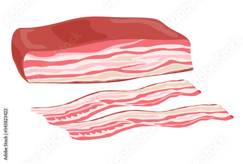 Bacon on a white background. Fresh bacon stripe. Pork meat. Ingredients for cooking, cafe and restaurant menus. Meat products. Fresh and fried becon