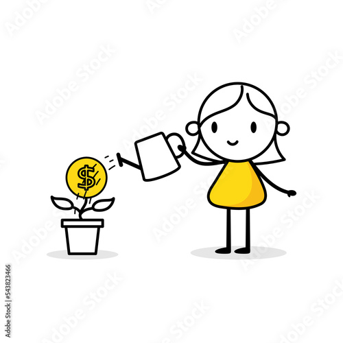 Woman is watering a money tree with a watering can. Boy gardener grows plant. Green economy and funding concept. Vector stock illustration