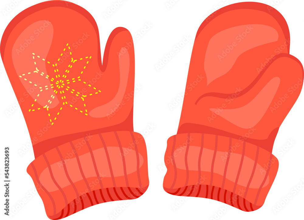 Red mittens. Knitted mittens flat style clip art. Snowflakes on mittens. Isolated on white background vector illustration Red mittens. Knitted mittens flat style clip art. Snowflakes on mittens. Isolated on white background vector illustration