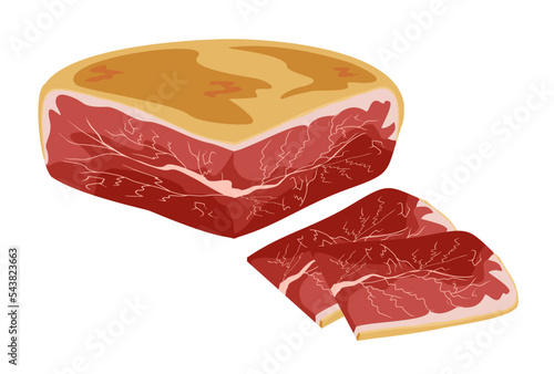 Slice of ham. Prosciutto crudo. Meat delicatessen on white background. Italian dry-cured parma ham. Delicious traditional gourmet aromatic dry cured pork ham slice