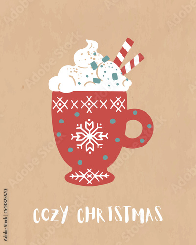 Cacao hot chocolate with marshmallow cute image. Hand drawn cartoon style cozy