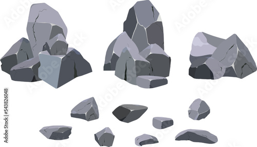 Coastal pebbles,cobblestones,gravel,minerals and geological formations.Collection of stones of various shapes .Rock fragments,boulders and building material.Vector illustration.