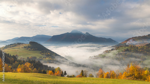 Canvastavla Mountain rural landscape in an autumn foggy morning