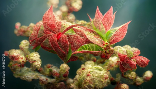 Red Christmas Star is the most common and popular flower at Christmas time. Princettia Poinsettia or Euphorbia pulcherrima with green leaves vibrant background.