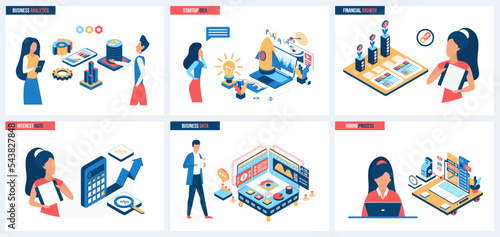 Business startup analytics, financial growth and HR management set vector illustration. Cartoon tiny office people launch rocket of new ideas, work with data charts and interest rate operations