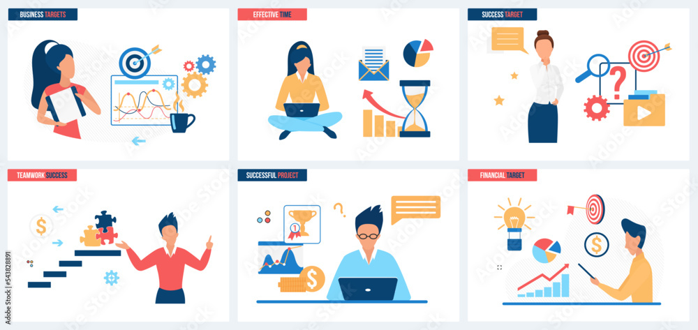 Business goal, search for effective projects and solutions set vector illustration. Cartoon tiny people training skills, thinking about ideas and choose target for motivation and growth of efficiency