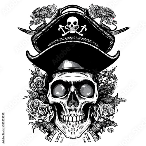 Pirate skull in pirate hat, sketch vector illustration, Vintage skull for t-shirt or poster design. Stylish jolly roger icon illustration.
