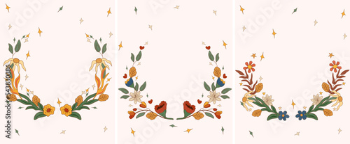 Groovy wreaths 70s with a colorful flowers and leaves. Composition in a vintage style perfect for cards  poster  postcard  banner. Vector
