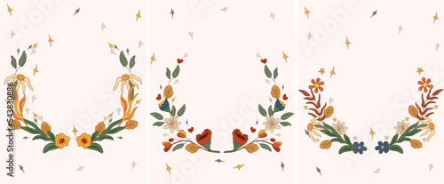 Groovy wreaths 70s with a colorful flowers and leaves. Composition in a vintage style perfect for cards, poster, postcard, banner. Vector