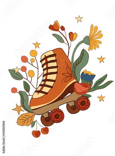 Retro composition 70s with colorful rollers skate, flowers and leaves. Psychedelic groovy symbols perfect for cards, poster, postcard, banner. Vector.