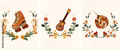 Positive composition 70s with a groovy disco ball, colorful rollers skate, retro guitar, flowers and leaves. Composition in a vintage style perfect for cards, poster, postcard, banner. Vector