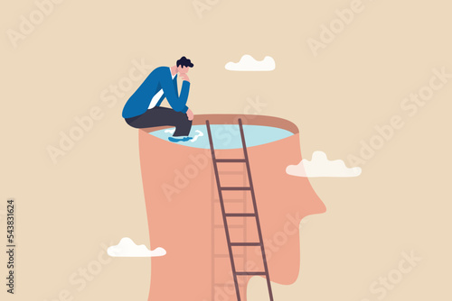 Psychology, mindset or thinking process, thought or imagination, wisdom or intelligence brain, solving problem or mental and emotional concept, contemplation thinking man climbing to sit on his brain.