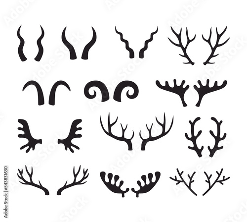 Animal horns silhouettes, antelope, ram, goat, buffalo horn. Deer antlers, hunting trophy, wild animals horn and antler silhouette vector set.