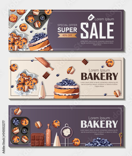 Set of flyers with baking elements. Baking,bakery,shop,cooking,sweet,pastry concept. Vector illustration for poster, banner, flyer, menu, promotion.