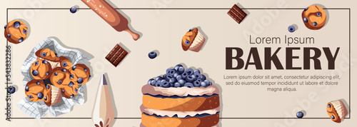 Pastry, baking products, cake, muffins, utensils, copy-space on light. Bakeries, shops, confectionery, cooking, dessert concept. Vector illustration for poster,banner,flyer,menu,advertising. 