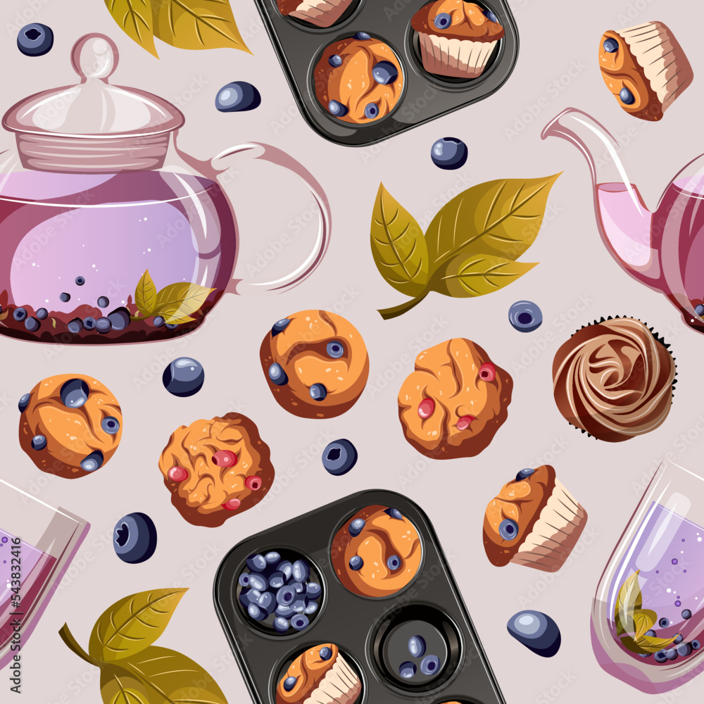 Naklejka premium Seamless pattern with pastry,baking products,teapot,cup of tea. Vector illustration of blueberry muffins,cookies,berries. Bakeries,cafe,shop,print,textile,menu concept.