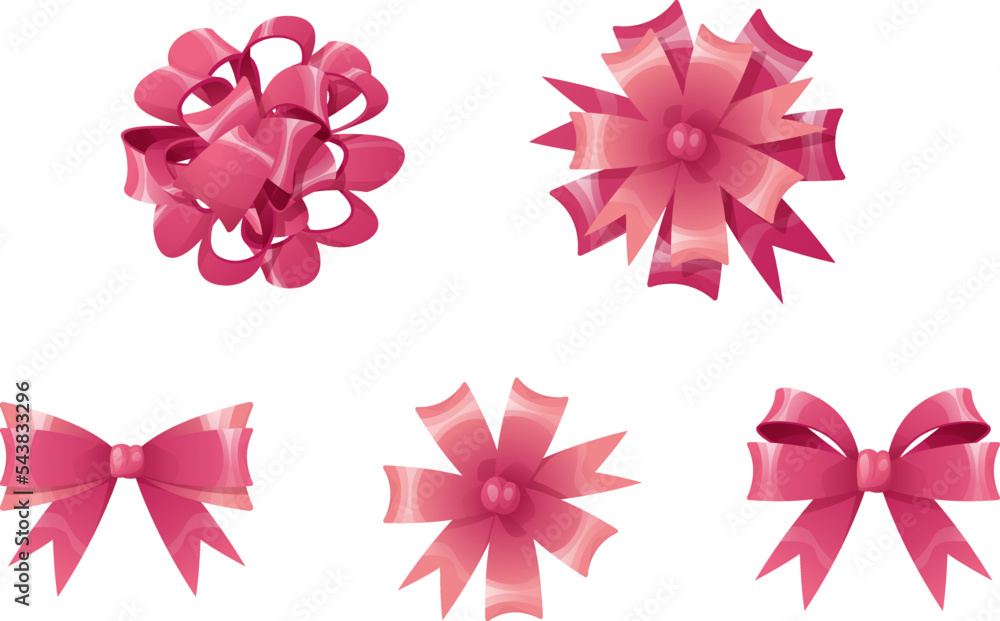 Set of pink bows for decorating boxes, gifts on an isolated background. Christmas and New Year decor. Festive mood. Vector cartoon illustration