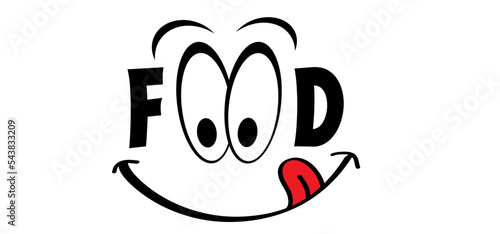 For world Food Day. Yummy smile face with red tongue and lick. Vector laugh cartoon slobber sign or con. Delicious, hungry, tasty eating. Lips or licking symbol or logo.