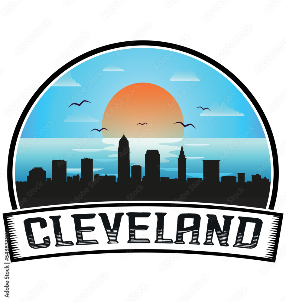 Cleveland Ohio USA Skyline Sunset Travel Souvenir Sticker Logo Badge Stamp Emblem Coat of Arms Vector Illustration EPS