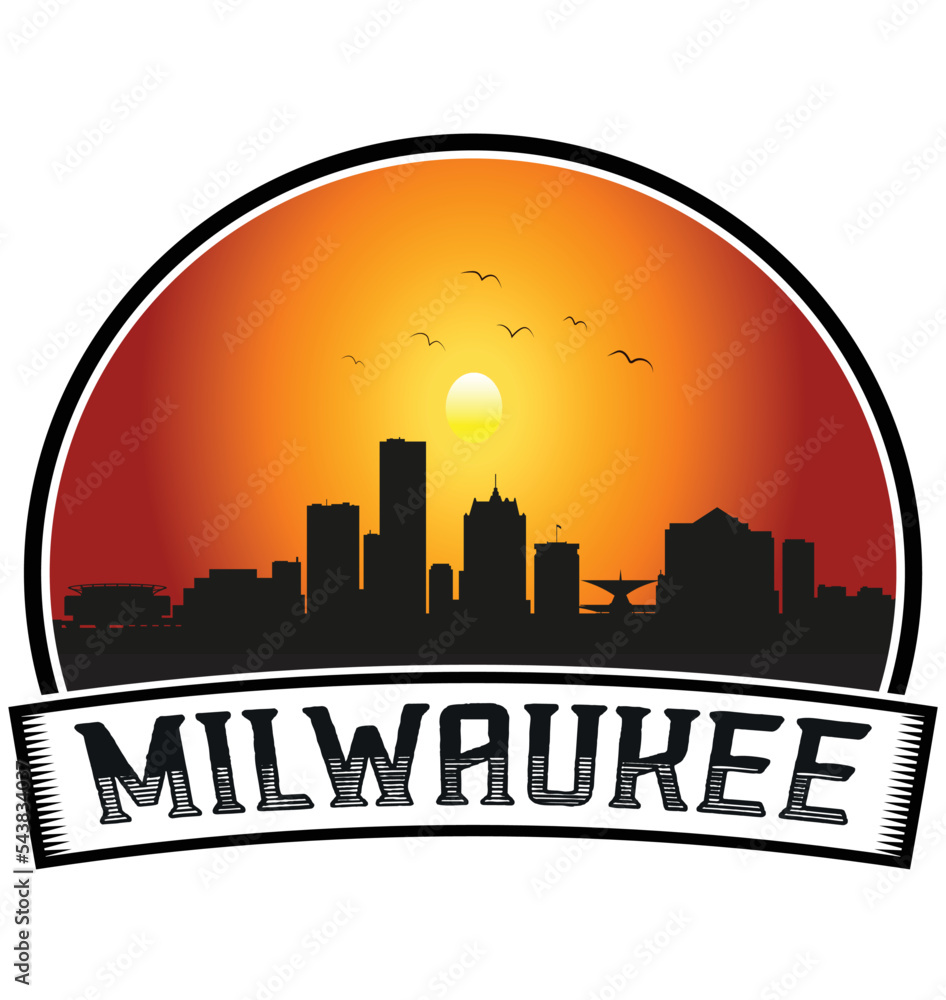 Milwaukee Wisconsin USA Skyline Sunset Travel Souvenir Sticker Logo Badge Stamp Emblem Coat of Arms Vector Illustration EPS