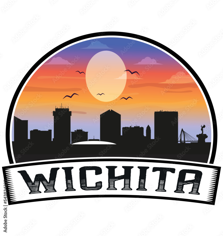 Wichita Kansas USA Skyline Sunset Travel Souvenir Sticker Logo Badge Stamp Emblem Coat of Arms Vector Illustration EPS