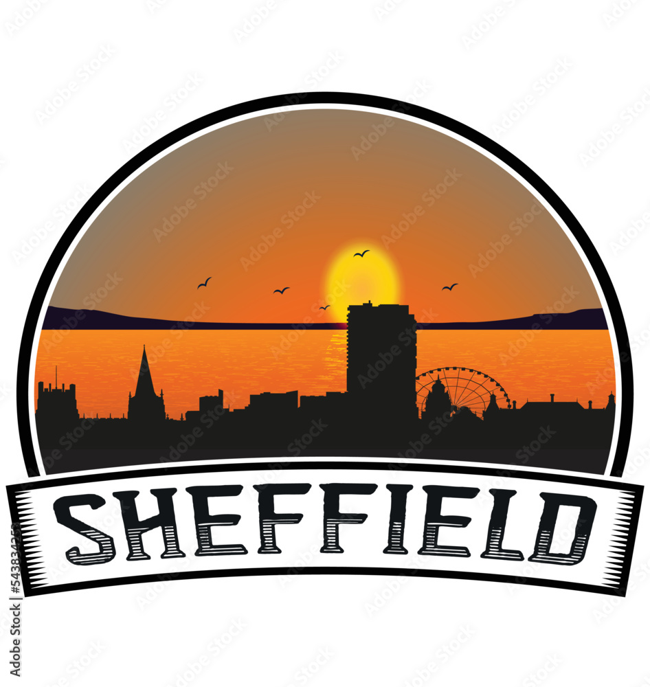 Sheffield England Skyline Sunset Travel Souvenir Sticker Logo Badge Stamp Emblem Coat of Arms Vector Illustration EPS