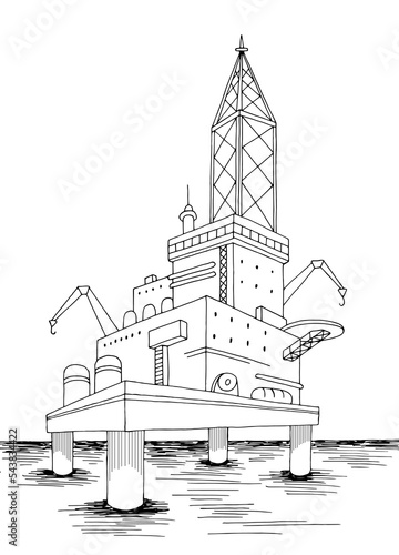 Drilling platform ocean sea landscape graphic black white sketch vertical illustration vector 