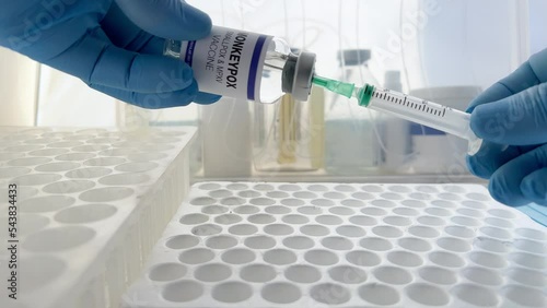 Preparation of the vaccination dose for booster shot for Smallpox and Monkeypox (MPXV). Doctor with vial and syringe preparing doses of monkeypox disease MPXV vaccine photo