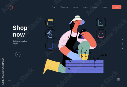 Shop now - Online shopping and electronic commerce web template - modern flat vector concept illustration of a woman gardening and shopping online. Promotion, discounts, sale and online orders concept