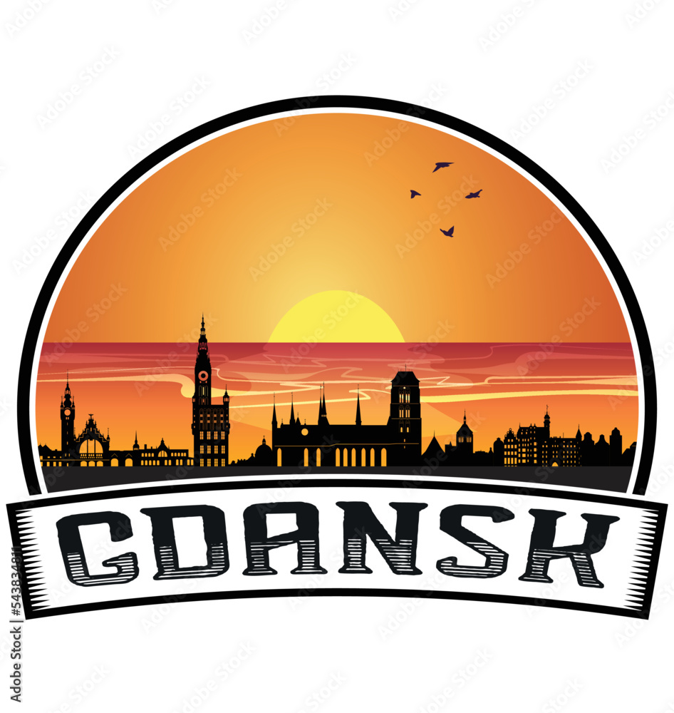 Gdansk Poland Skyline Sunset Travel Souvenir Sticker Logo Badge Stamp Emblem Coat of Arms Vector Illustration EPS