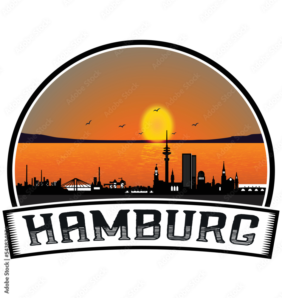 Hamburg Germany Skyline Sunset Travel Souvenir Sticker Logo Badge Stamp Emblem Coat of Arms Vector Illustration EPS