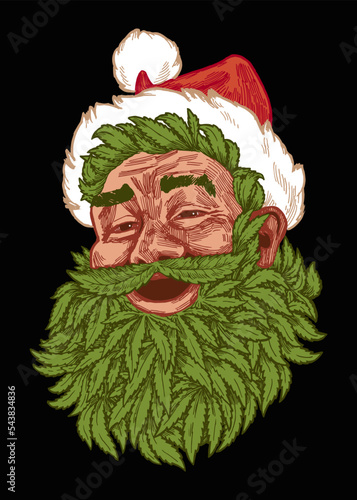 Marijuana Santa Claus. Santa with green marijuana leaf beard smiling face. Isolated vintage Christmas illustration.