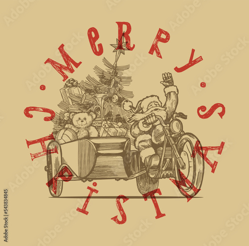 Santa Biker. Santa claus riding chopper motorbike with a sidecar full of presents. Vintage typography Christmas illustration t-shirt print.