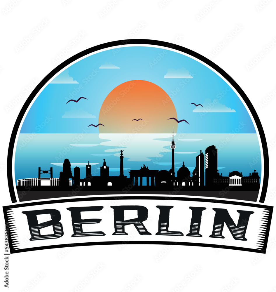 Berlin Germany Skyline Sunset Travel Souvenir Sticker Logo Badge Stamp Emblem Coat of Arms Vector Illustration EPS