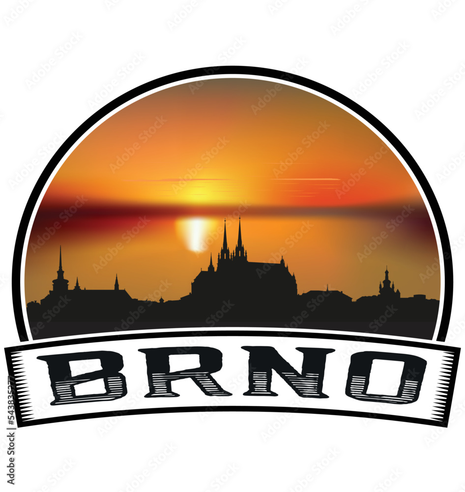 Brno Czechia Skyline Sunset Travel Souvenir Sticker Logo Badge Stamp Emblem Coat of Arms Vector Illustration EPS