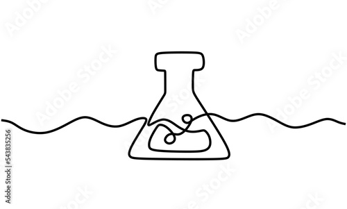 Single continuous line art chemical science flask. Scientific technology research medicine glass equipment design one sketch outline drawing vector illustration