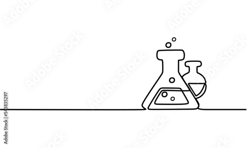 Single continuous line art chemical science flask. Scientific technology research medicine glass equipment design one sketch outline drawing vector illustration