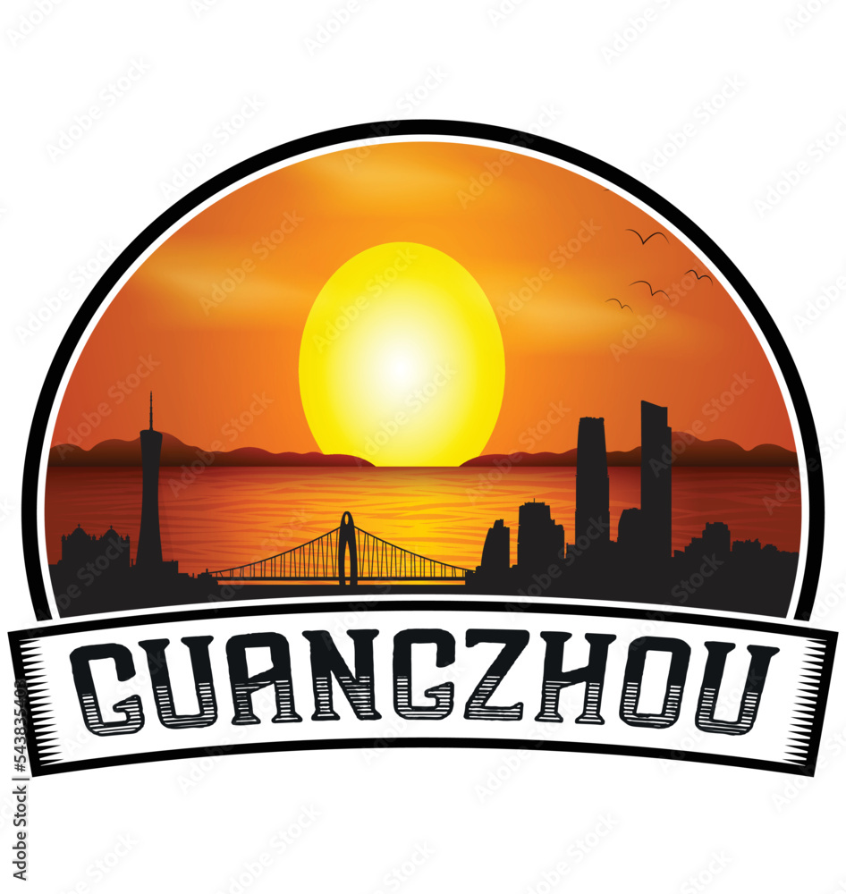 Guangzhou China Skyline Sunset Travel Souvenir Sticker Logo Badge Stamp Emblem Coat of Arms Vector Illustration EPS