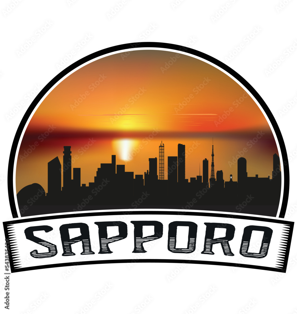 Sapporo Japan Skyline Sunset Travel Souvenir Sticker Logo Badge Stamp Emblem Coat of Arms Vector Illustration EPS