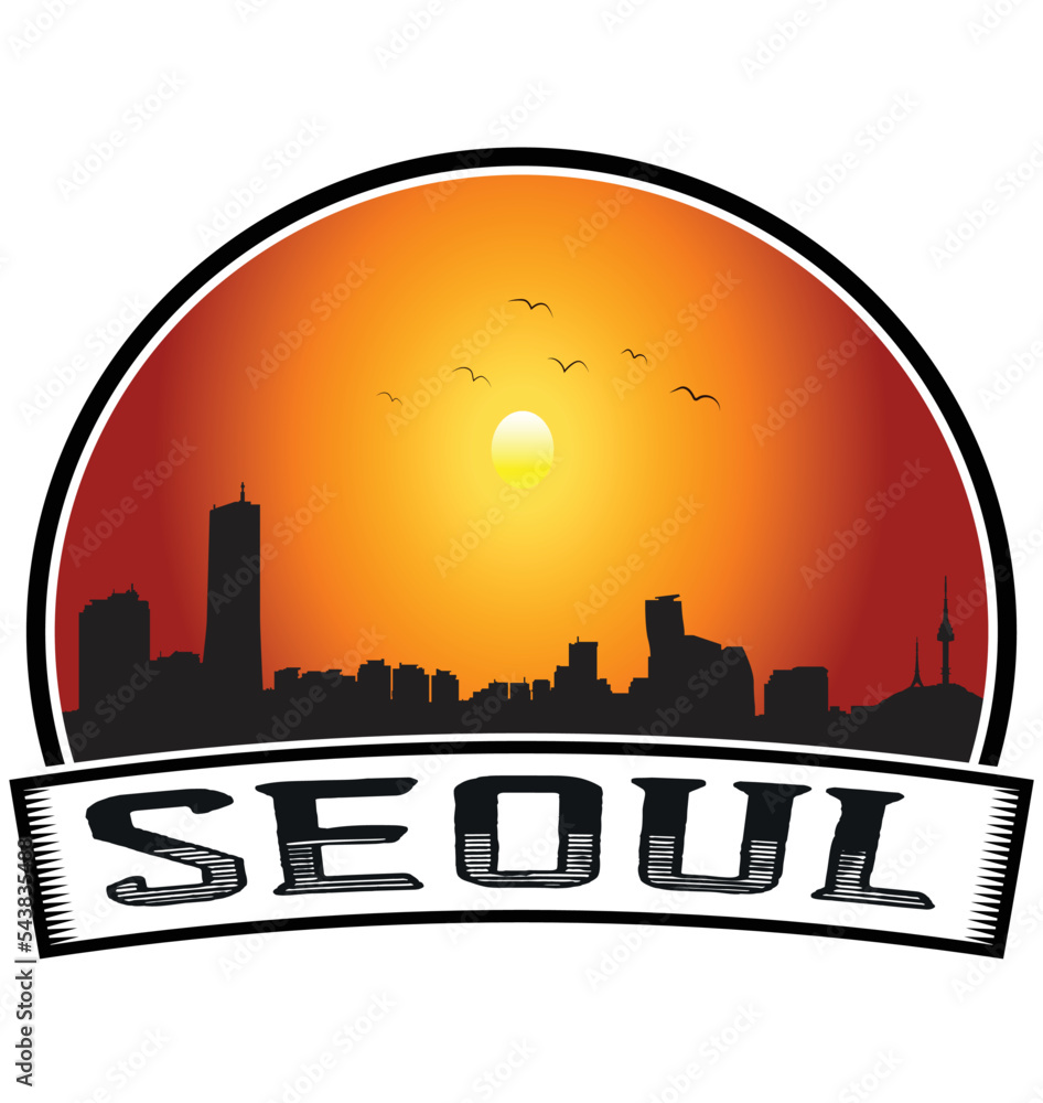 Seoul South Korea Skyline Sunset Travel Souvenir Sticker Logo Badge Stamp Emblem Coat of Arms Vector Illustration EPS